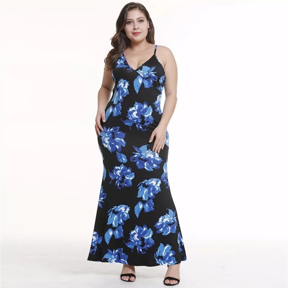 Floral Print Plunging Blue Black Maxi Dress - Picture 3 of 8